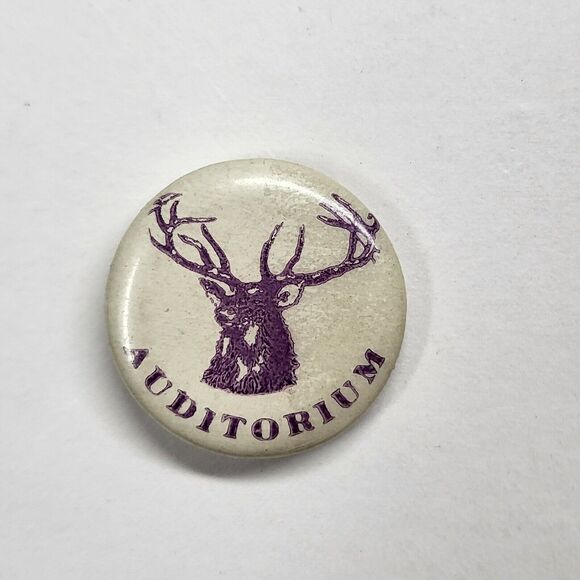 Auditorium Pinback Button Purple Elk Deer Pin Vintage 1920s? University Event? - Picture 1 of 3